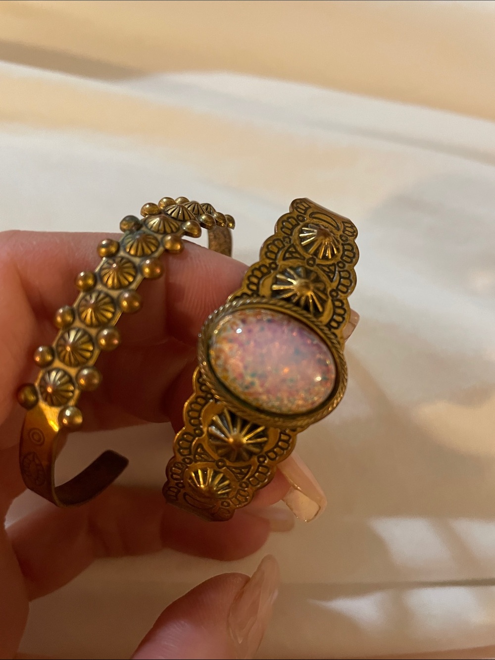 Vintage Southwestern Brass Cuff Bracelet Lot - Faux Opal Boho Set - Picture 2 of 7
